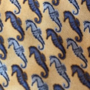 Vintage PAUL STEWART 100% Silk Seahorses Navy & Light Blue Graphic on Yellow